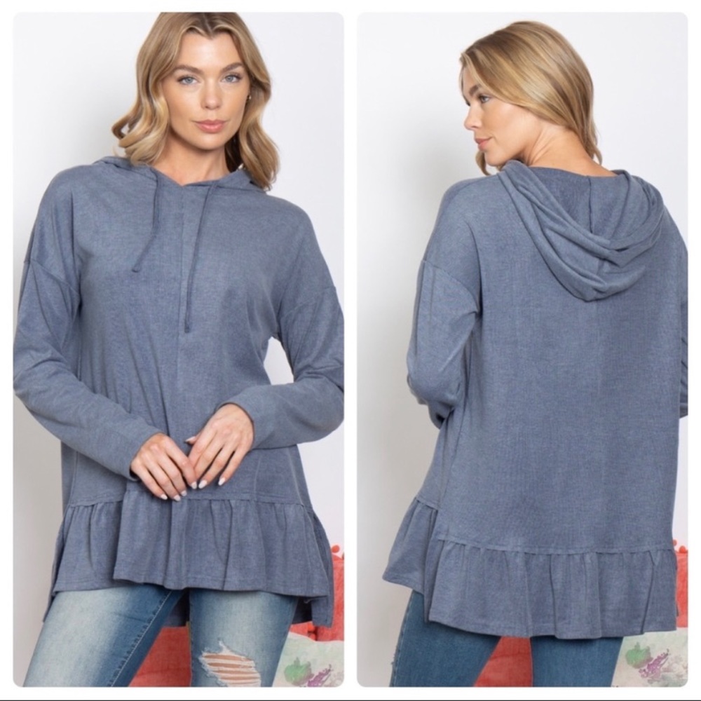 Denim blue ruffle hem hoodie